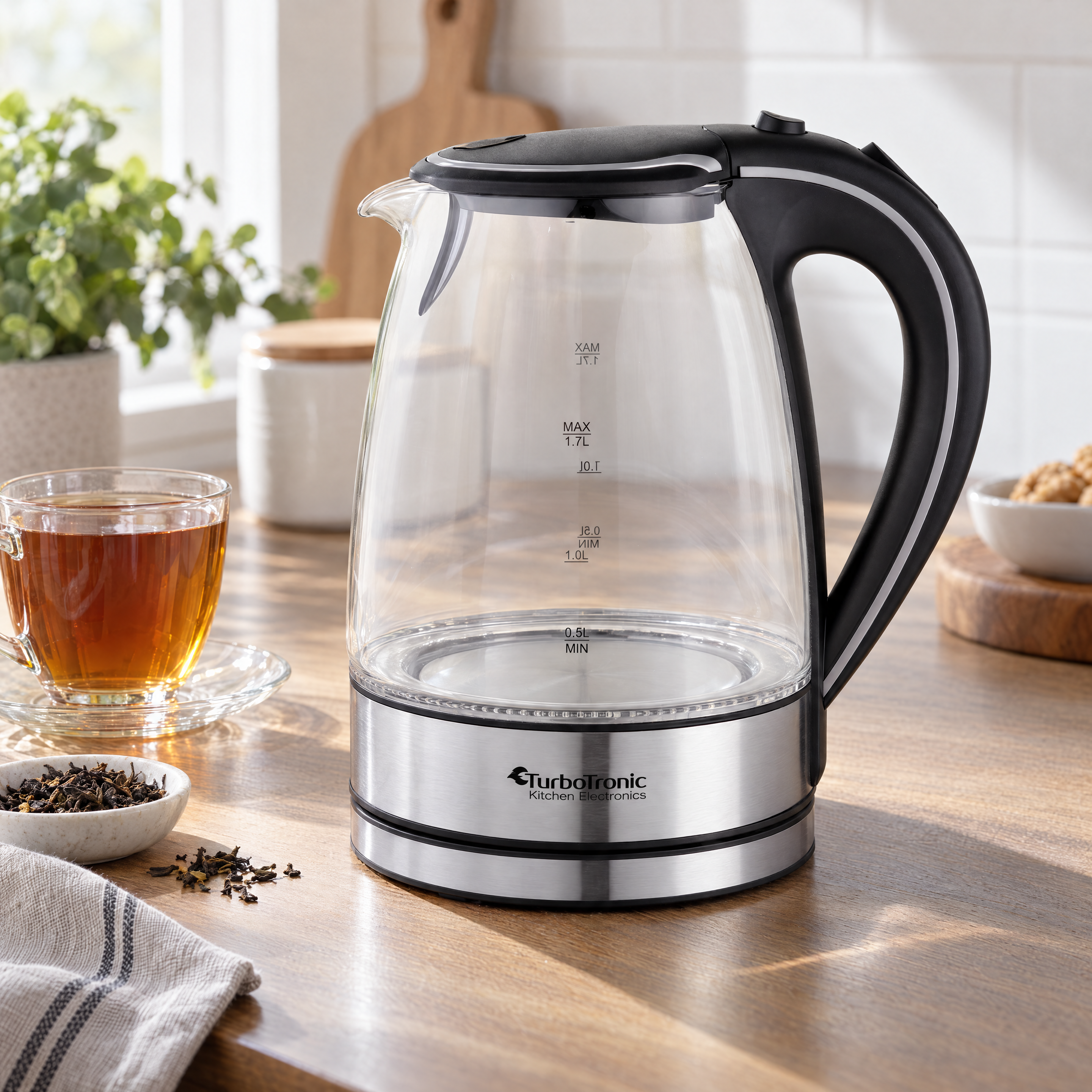Leerer TT-LED01 neben einer Tasse Tee auf einer hellen Küchenarbeitsfläche.