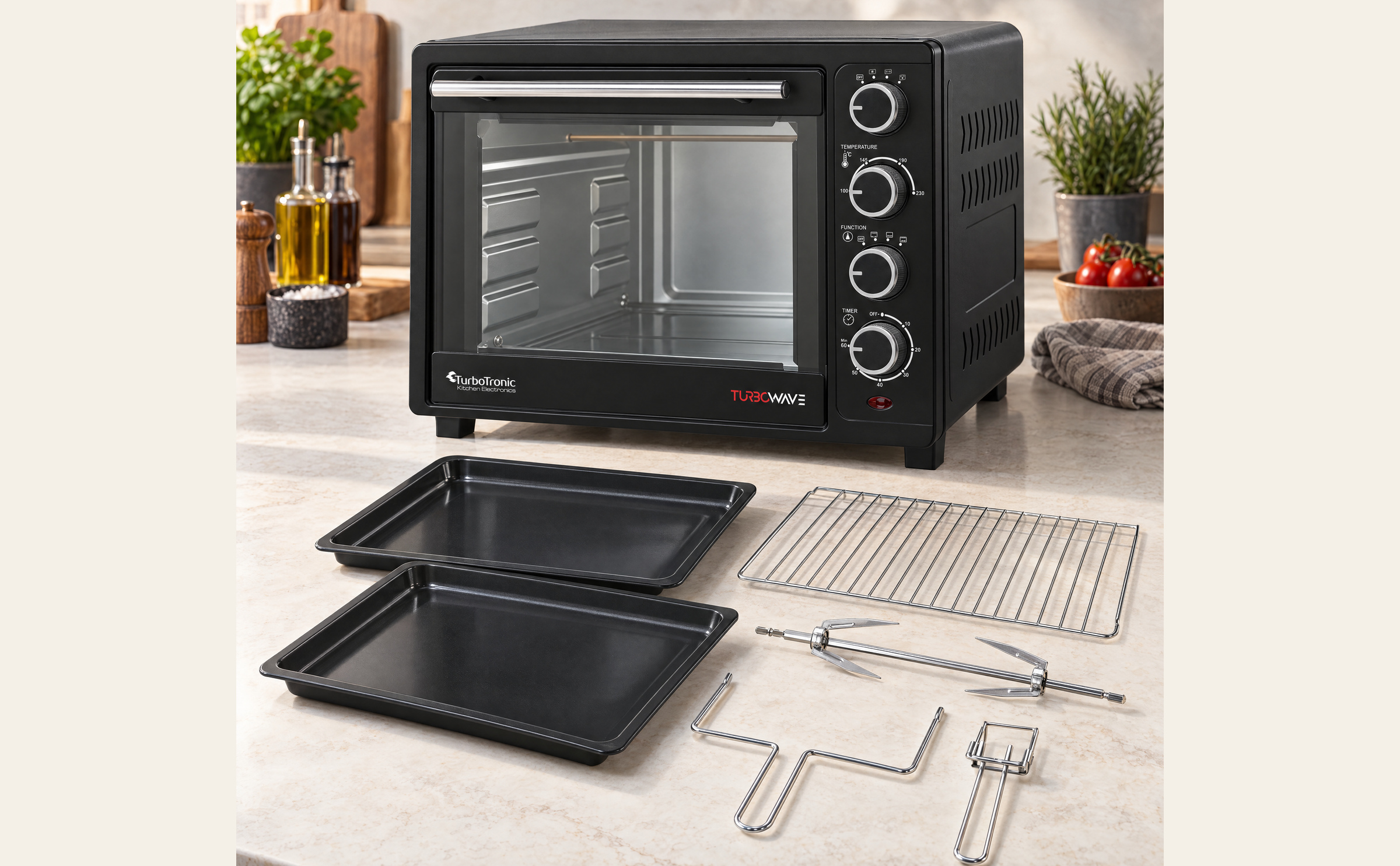 EV35 mit zwei Backblechen, Rost, Drehspieß und Entnahmehilfen