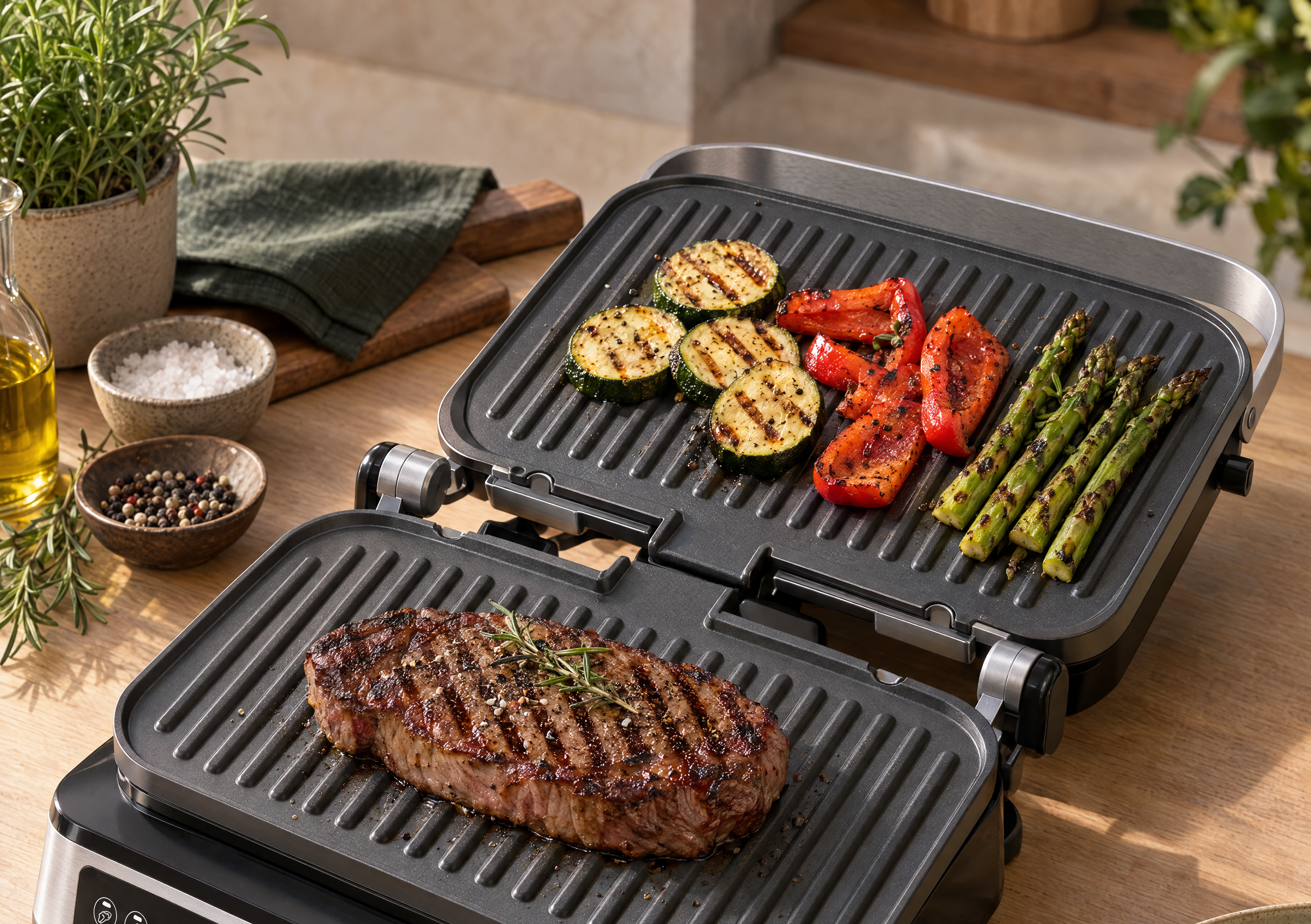 CG1W auf 180 Grad geöffnet mit Grillplatten und Grillzutaten