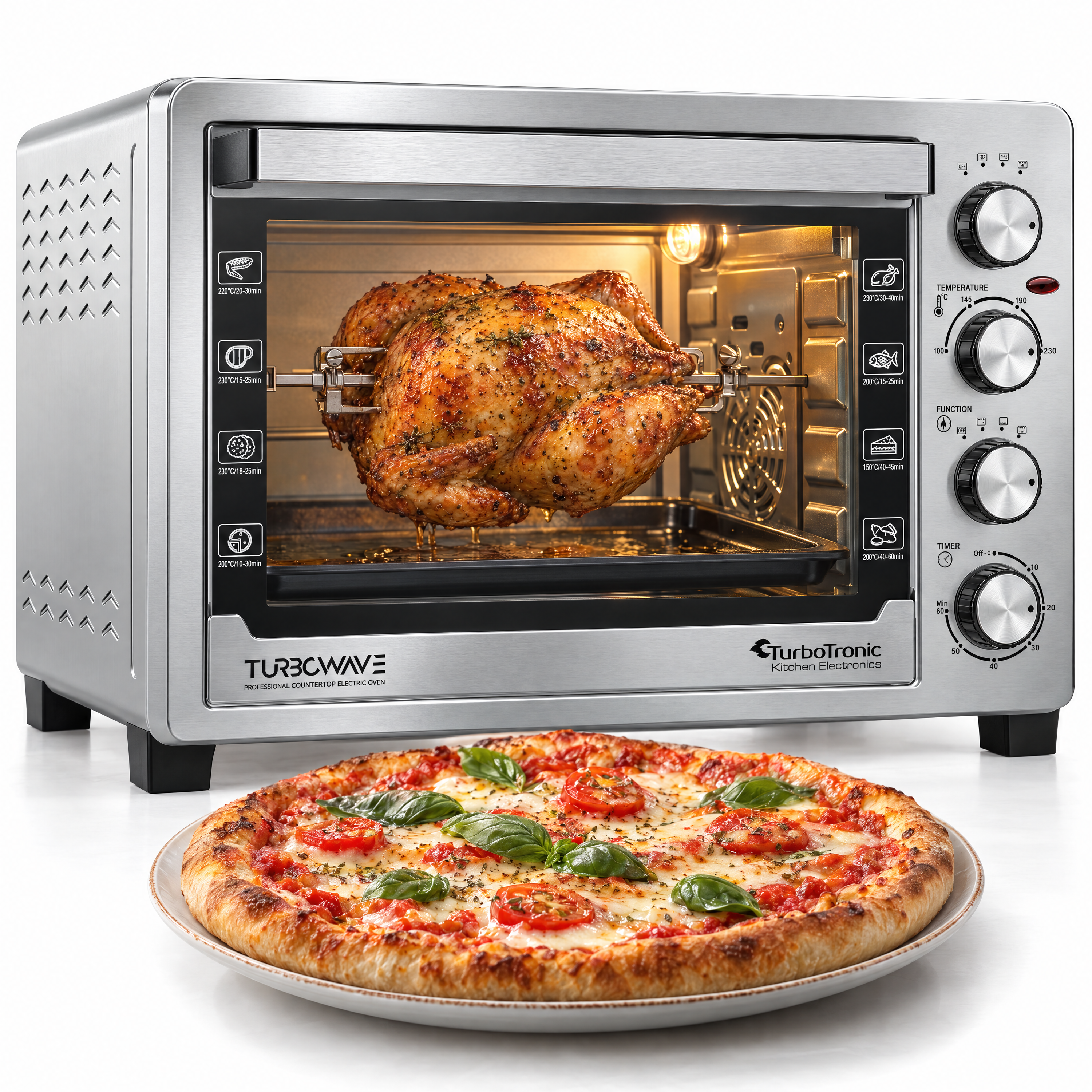 TurboTronic TT-EVS45 mit Pizza und Drehspiess-Anwendung. Lebensmittel und Dekoration nicht enthalten.