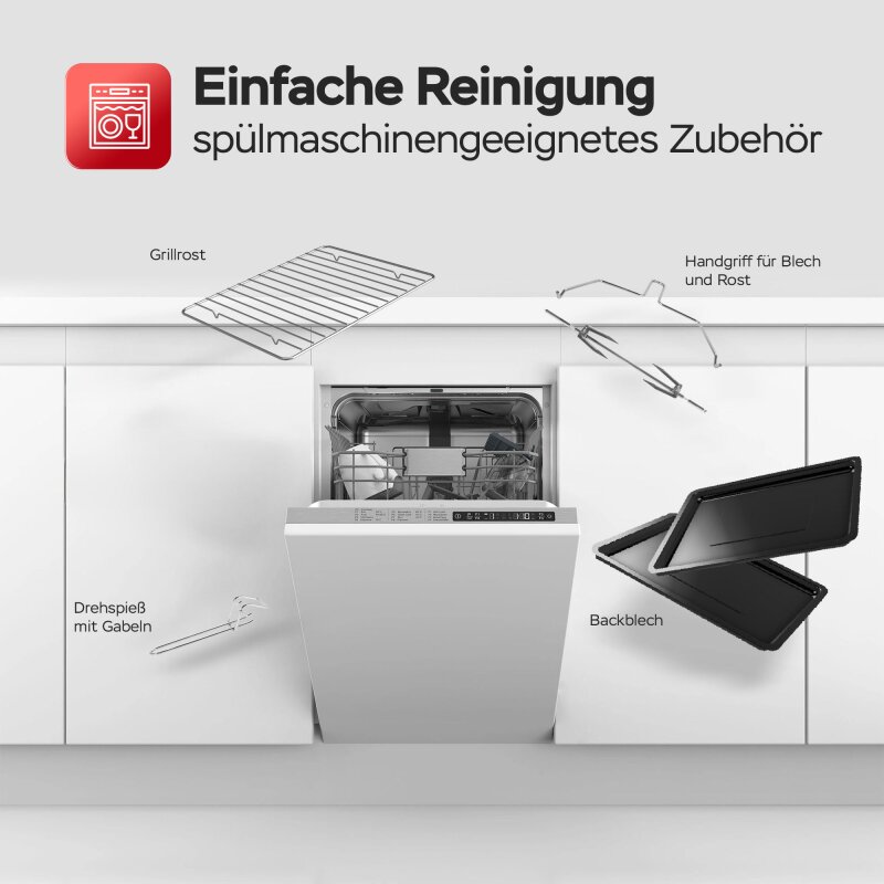 EV45-Zubehör: zwei Backbleche, Rost, Drehspieß und Entnahmehilfen