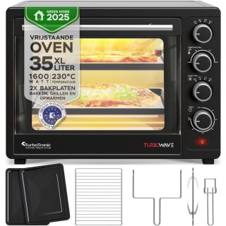 TurboTronic Minibackofen - EV35 - mit Umluft und Drehspieß 35 Liter, Schwarz, inkl. 2x Backblech, 1600W Mini Tisch Backofen Camping Pizzaofen Klein/Groß