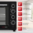 TurboTronic Minibackofen - EV35 - mit Umluft und Drehspieß 35 Liter, Schwarz, inkl. 2x Backblech, 1600W Mini Tisch Backofen Camping Pizzaofen Klein/Groß