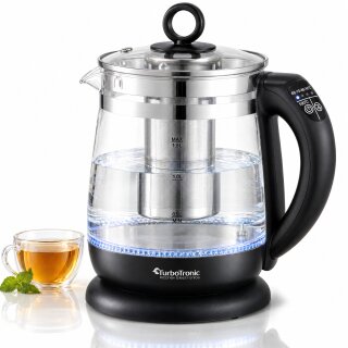 TurboTronic TT-LED11 Glas Wasserkocher & Teekocher, 1,5 l, 2200 W, Temperaturwahl, herausnehmbares Edelstahl-Teesieb, LED-Beleuchtung