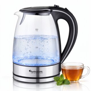 TurboTronic elektrischer Glas Wasserkocher TT-LED01, 1,7 l, 2200 W, blaue Innen-LED, Kalkfilter, 360°-Basis, BPA-frei