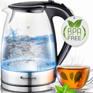 TurboTronic Wasserkocher – TT-LED01 – 2200 W Glas-Wasserkocher, 1,7 l Fassungsvermögen, blaue LED-Innenbeleuchtung, BPA-frei