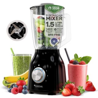 TurboTronic Standmixer - BG6 - 1400 Watt mit 1,5L Glasbehälter Edelstahl Silber, Glas Smoothie Mixer / Maker Ice Crush Funktion Milchshaker Blender BPA FREI Schwarz