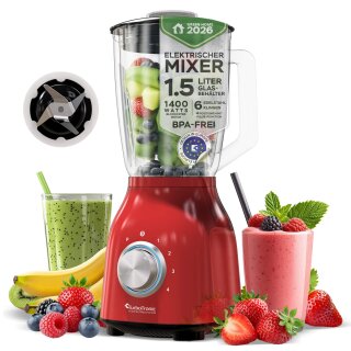 TurboTronic Standmixer - BG6 - 1400 Watt mit 1,5L Glasbehälter Edelstahl Silber, Glas Smoothie Mixer / Maker Ice Crush Funktion Milchshaker Blender BPA FREI Rot