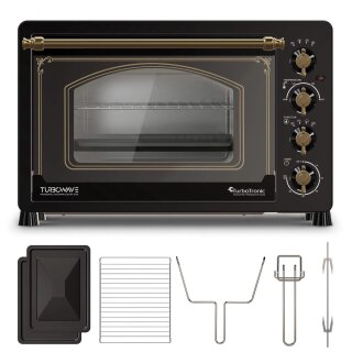 TurboTronic Minibackofen - EV45R - mit Umluft und Drehspieß 45 Liter, inkl. Backblech, 2000W Mini Tisch Backofen Camping Pizzaofen Klein/Groß Vintage Retro schwarz