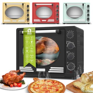 TurboTronic Minibackofen - EV35R - mit Umluft und Drehspieß 35 Liter, inkl. Backblech, 1600W Mini Tisch Backofen Camping Pizzaofen Klein/Groß Vintage Retro