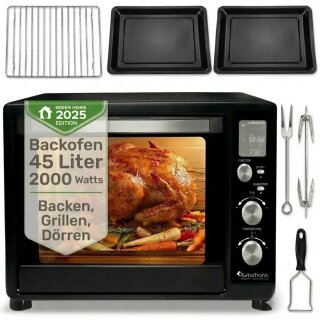 TurboTronic Minibackofen - DEV45 - mit Umluft und Drehspieß 45 Liter, Schwarz, inkl. 2x Backblech, 2000W Mini Tisch Backofen Camping Pizzaofen Klein / Groß digital