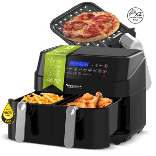 TurboTronic Heißluftfritteuse XXL doppel Airfryer 1600W / 9L (2x 4,5L Kammer) 12 Programme digitale Heißluft Fritteuse ohne Fett Öl Dual Luftfritteuse Air Friteuse Power