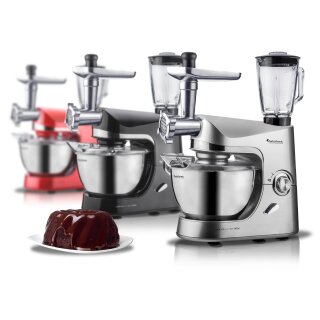 TurboTronic Küchenmaschine 2000W - 007 -mit Fleischwolf und Standmixer-Aufsatz inkl. 1,5L Glas-Behälter, 5L Edelstahl-Rührschüssel Knetmaschine Rührmaschine für Brotteig rot schwarz