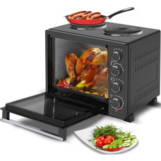 TurboTronic Minibackofen - EV35TS - mit Umluft und Drehspieß + 2 Kochplatten 35 Liter, Schwarz, inkl. Backblech, 3200W Mini Tisch Backofen Camping Pizzaofen Klein/Groß Miniküche