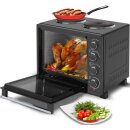 TurboTronic Minibackofen - EV35TS - mit Umluft und Drehspieß + 2 Kochplatten 35 Liter, Schwarz, inkl. Backblech, 3200W Mini Tisch Backofen Camping Pizzaofen Klein/Groß Miniküche