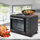TurboTronic Minibackofen - EV35TS - mit Umluft und Drehspieß + 2 Kochplatten 35 Liter, Schwarz, inkl. Backblech, 3200W Mini Tisch Backofen Camping Pizzaofen Klein/Groß Miniküche
