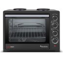 TurboTronic Minibackofen - EV35TS - mit Umluft und Drehspieß + 2 Kochplatten 35 Liter, Schwarz, inkl. Backblech, 3200W Mini Tisch Backofen Camping Pizzaofen Klein/Groß Miniküche