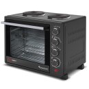 TurboTronic Minibackofen - EV35TS - mit Umluft und Drehspieß + 2 Kochplatten 35 Liter, Schwarz, inkl. Backblech, 3200W Mini Tisch Backofen Camping Pizzaofen Klein/Groß Miniküche