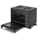 TurboTronic Minibackofen - EV35TS - mit Umluft und Drehspieß + 2 Kochplatten 35 Liter, Schwarz, inkl. Backblech, 3200W Mini Tisch Backofen Camping Pizzaofen Klein/Groß Miniküche