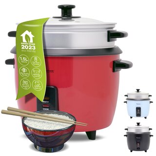 Reiskocher mit Dampfgareinsatz, 1,5L, Dampfgarer, Rice Cooker, Glasdeckel, retro