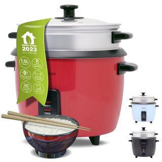TurboTronic Reiskocher - RC2P - 1,5 Liter mit Dampfgareinsatz aus Edelstahl PLASTIKFREI Rice Cooker Dampfgarer Design kleiner Reistopf mini Milchreis Retro