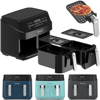 TurboTronic Heißluftfritteuse XXL - DAF5 -  doppel Airfryer 1600W / 9L (2x 4,5L Kammer) 12 Programme digitale Heißluft Fritteuse ohne Fett Öl Dual Luftfritteuse Air Friteuse Power
