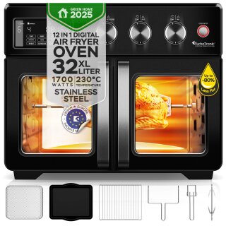 TurboTronic Mini Backofen - AFD32 - 4in1 Heißluftofen und Heißluftfritteuse XXL Version 32L 1700W inkl. Drehspieß, Dörrgerät ab 25°C & Grill, Airfryer, kleine Tisch Pizzaofen bis 6kg Pommes  schwarz