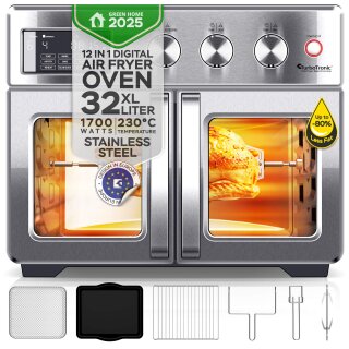 TurboTronic Mini Backofen - AFD32 - 4in1 Heißluftofen und Heißluftfritteuse XXL Version 32L 1700W inkl. Drehspieß, Dörrgerät ab 25°C & Grill, Airfryer, kleine Tisch Pizzaofen bis 6kg Pommes  silber