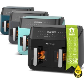 TurboTronic Heißluftfritteuse XXL - DAF6W -  doppel Airfryer 1600W / 9L (2x 4,5L Kammer) 10 Programme digitale Heißluft Fritteuse ohne Fett Öl Dual Luftfritteuse Air Friteuse Power