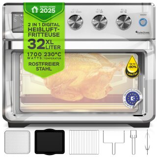 TurboTronic digitaler Heißluftofen XXL - AF32DRD - 32 Liter mit Drehspieß für Hähnchen 5 in1 Mini Backofen, Dörrer & Power Heißluftfritteuse Airfryer ab 25°C Silver