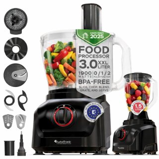 TurboTronic 1900W Küchenmaschine - FP900 - 3L, Food Processor mit Standmixer  Behälter 1,5L Glaskaraffe Raspelscheiben Zitruspresse Zerkleinerer Eiscrusher Power