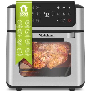 TurboTronic digitaler Heißluftofen XXL 12 Liter - AFO12W - 1800 Watt mit Pommes Trommel / Korb & Drehspieß für Hähnchen Mini Backofen & Power Heißluftfritteuse Airfryer Dörrgerät ab 50°C