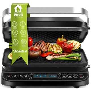 TurboTronic Kontaktgrill - CG900 - abnehmbare Grillplatten, LCD-Display, digital, 180° Öffnung, Tischgrill, Paninimaker, Elektrogrill, Steak- und Burgergrill, Silber