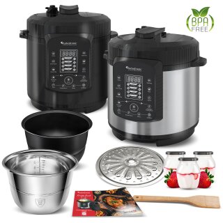 TurboTronic Druckkochtopf - DPC9 - 6L mit 2x Topf Edelstahltopf und beschichtet, Edelstahl Dampfgarer, PLASTIKFREI, Multikocher, elektrischer Schnellkochtopf, Reiskocher, Dampfkochtopf