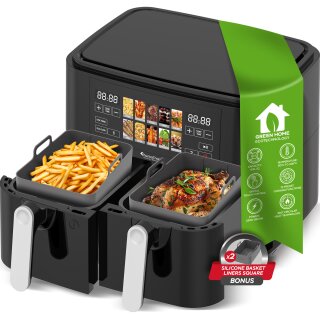 TurboTronic Heißluftfritteuse XXL - DAF8 - doppel Airfryer 2600W / 9L (2x 4,5L Kammer) Silikoneinlage 12 Programme digitale Heißluft Fritteuse ohne Fett Öl Dual Luftfritteuse Air Friteuse Power