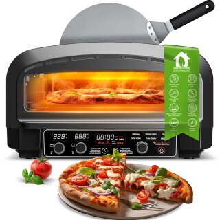 TurboTronic Pizzaofen Elektrisch 450 Grad - PO14 - Tisch-Backofen für 37cm Pizza & Flammkuchen, 2200W Steinbackofen mit Pizzastein, Mobiler Pizzaofen Indoor/Outdoor für Garten & Küche