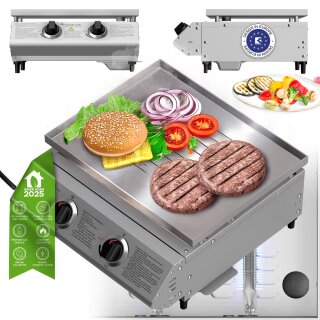 TurboTronic Gasgrill - BBQ6 - Tisch-Gasgrill mit Edelstahl-Plancha 46 × 40 cm, 2 × 3,15 kW Brenner (6,3 kW), Plancha-Grillplatte, Piezo-Zündung, Fettauffangsystem, Campinggrill