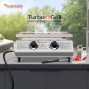 TurboTronic Gasgrill - BBQ6 - Tisch-Gasgrill mit Edelstahl-Plancha 46 × 40 cm, 2 × 3,15 kW Brenner (6,3 kW), Plancha-Grillplatte, Piezo-Zündung, Fettauffangsystem, Campinggrill