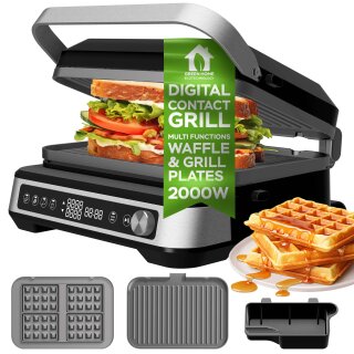 TurboTronic 2in1 Kontaktgrill wechselbare Grill- & Waffelplatten, LCD Display, digital, 180° Öffnung, Paninimaker, Elektrogrill, Tischgrill, Steak- & Burgergrill, Sandwichtoaster, Waffeleisen