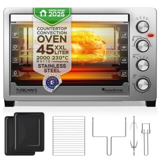 TurboTronic 45 L Elektrobackofen mit Grill, Umluft, Drehspieß & Timer XXL-Tischbackofen aus Edelstahl für Pizza, Aufläufe & Braten Kompakter Mini-Backofen mit Doppelglastür, 2000W