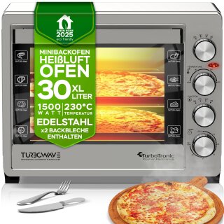 TurboTronic 30 Liter Minibackofen mit Umluft und Drehspieß, Edelstahl, inkl. 2x Backblech, 1500W Mini Tisch Backofen Camping Pizzaofen Klein/Groß Kompakt Ofen mit Timer & Innenbeleuchtung