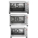 TurboTronic 45 Liter Minibackofen mit Umluft und Drehspieß, Edelstahl, inkl. 2x Backblech, 2000W Mini Tisch Backofen Camping Pizzaofen Klein/Groß Kompakt Ofen mit Timer & Innenbeleuchtung