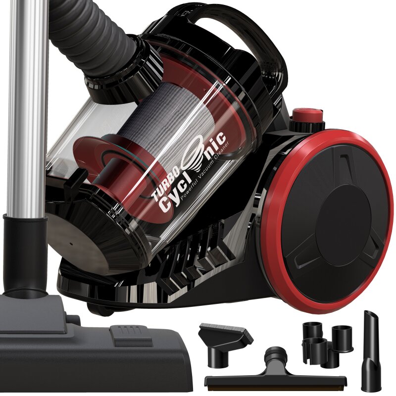 Schwarz-roter TurboTronic CV07 Bodenstaubsauger mit abgebildetem Zubehör.