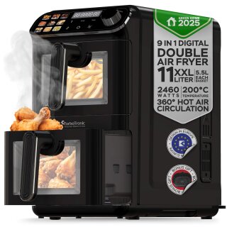 TurboTronic Heißluftfritteuse XXL – 11 L vertikale Doppelkammer Heißluftfritteuse 2 × 5,5 L DualZone, platzsparendes Double-Stack-Design AirFryer inkl. Silikoneinlagen, fettarmes Frittieren ohne Öl, schwarz