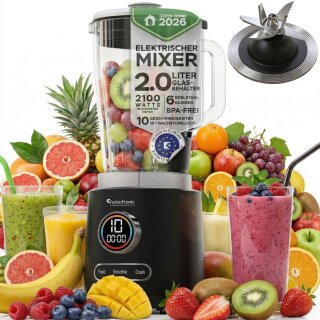 TurboTronic Standmixer - BG7 - 2100 Watt mit 2,0 L Glasbehälter Edelstahl, Glas Smoothie Mixer / Maker Ice Crush Funktion Milchshaker Blender BPA FREI