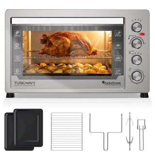 TurboTronic XXL Tischbackofen - EVS60 - 60 Liter mit Umluft und Drehspieß, Edelstahl, inkl. 2x Backblech, 2500W Elektrobackofen XL Kompakt Ofen mit Timer & Innenbeleuchtung