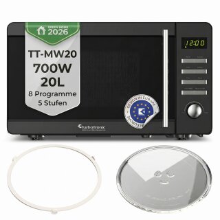 TurboTronic TT-MW20 Digitale Mikrowelle | 700W 20L Edelstahl-Look | 5 Leistungsstufen, 8 Automatikprogramme, Schnellstart, LED-Display & Kindersicherung
